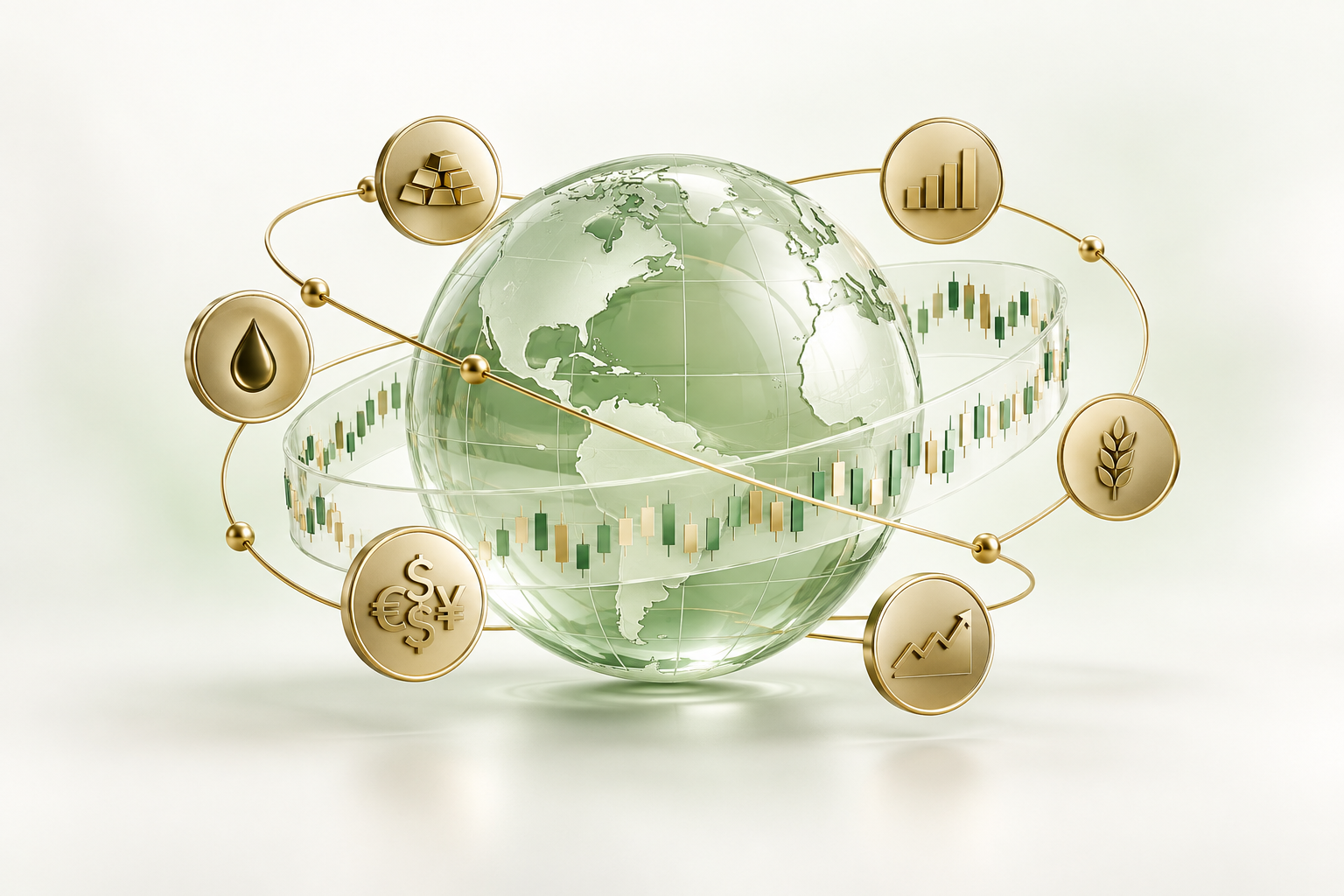 Glass globe connected to global market and trading symbols